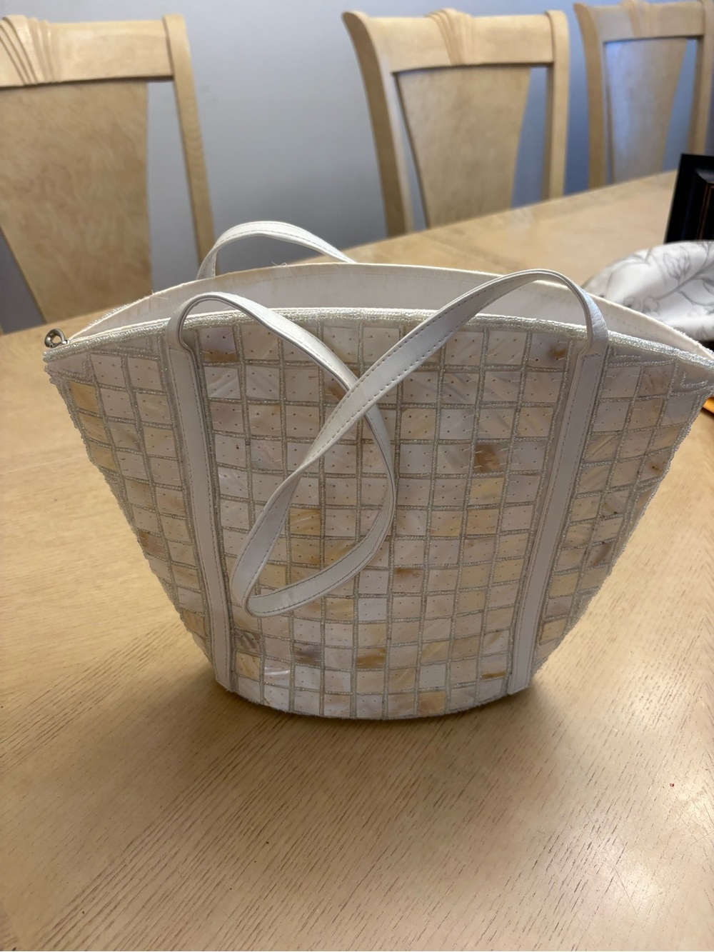 Moda International White Mosaic Tile Tote with Cream Accents